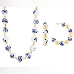 Blue Beaded Floral Gold Tone Necklace & Earring Set